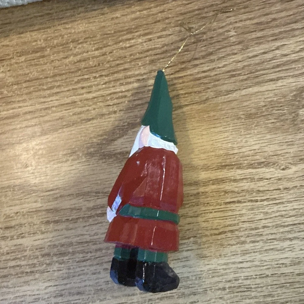 Gnome Wooden Figurine FLAW Hand Carved Red Green Coat Mythical